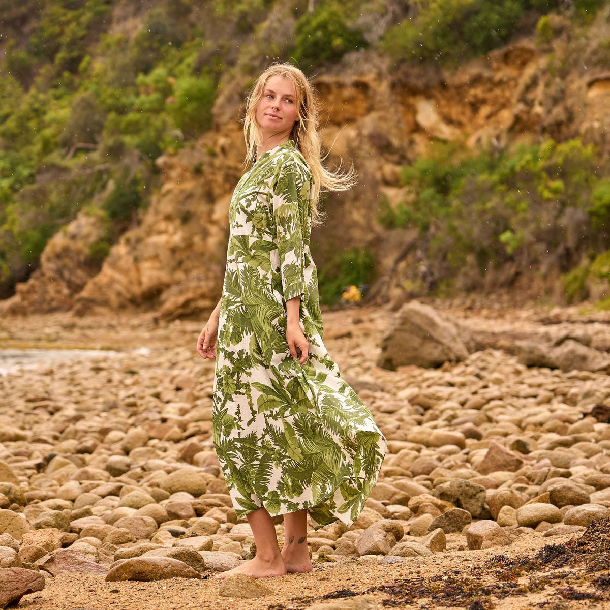 Uma Green Palm Cotton Maxi Dress – front view