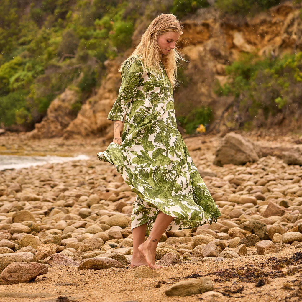 Uma Green Palm Cotton Maxi Dress – back view