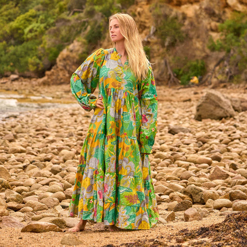 Aarohi Green & Gold Jungle Cotton Maxi Dress – front view