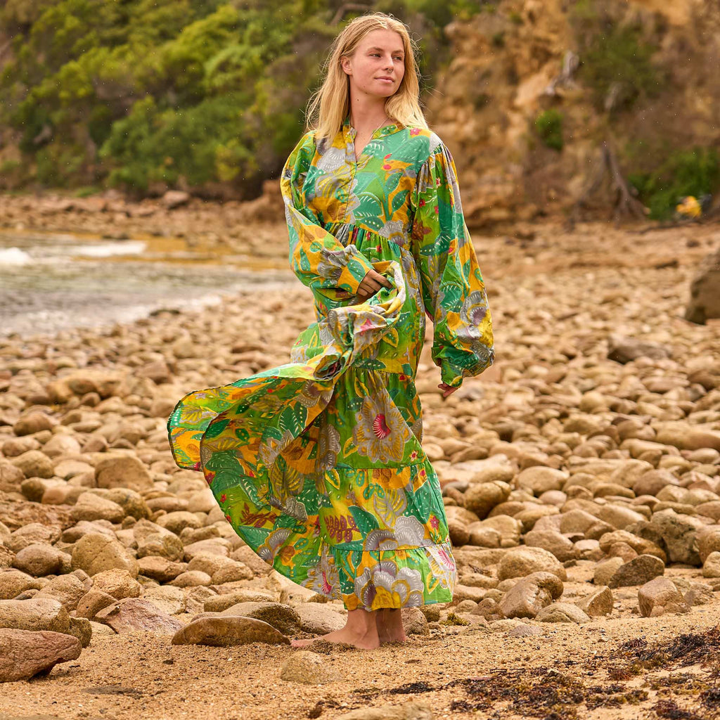 Aarohi Green & Gold Jungle Cotton Maxi Dress – side view