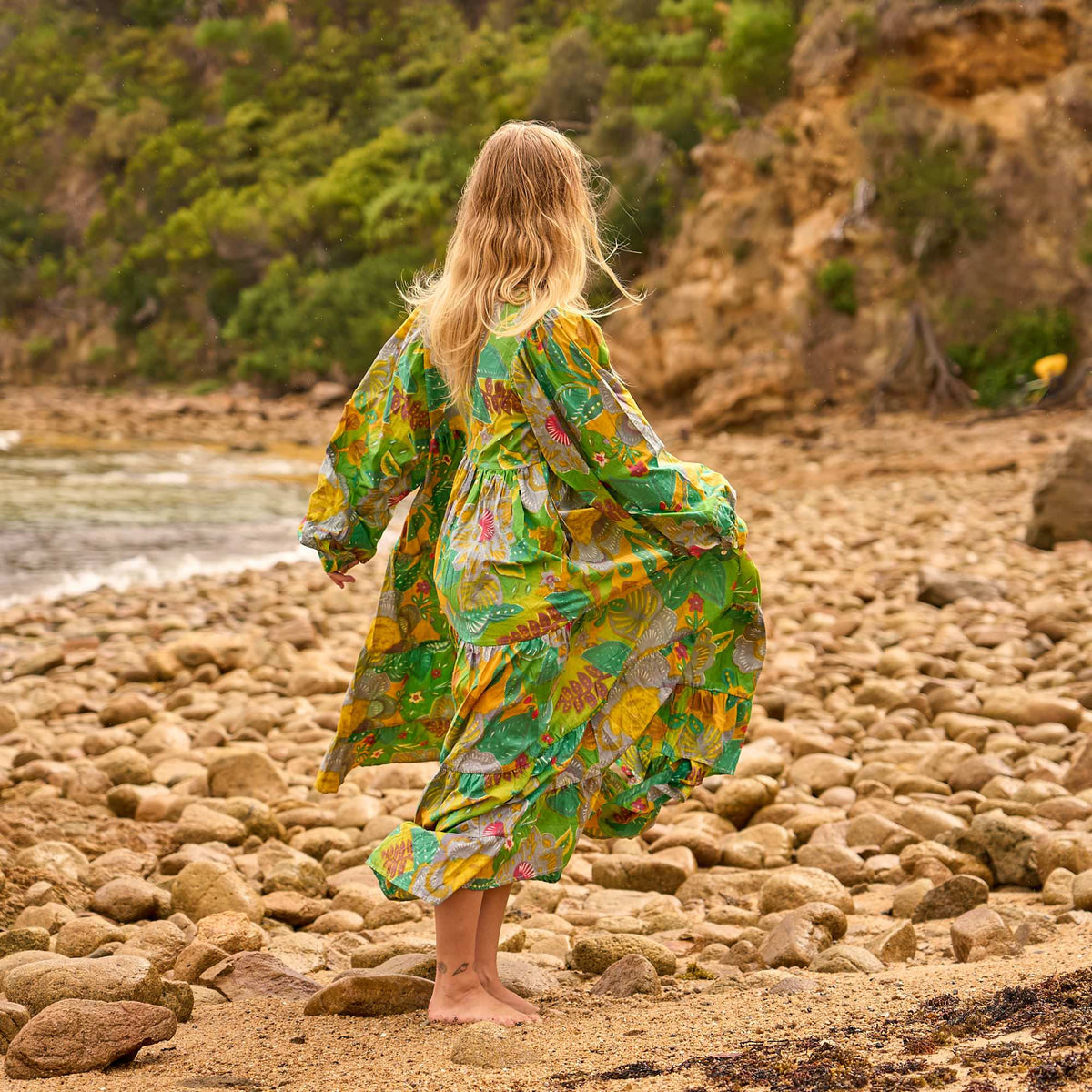 Aarohi Green & Gold Jungle Cotton Maxi Dress – print detail