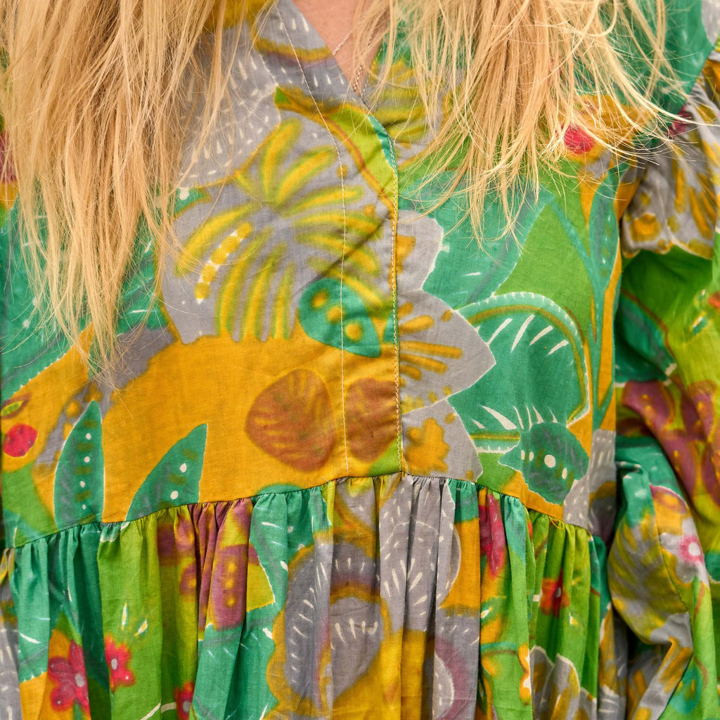 Aarohi Green & Gold Jungle Cotton Maxi Dress – styled look