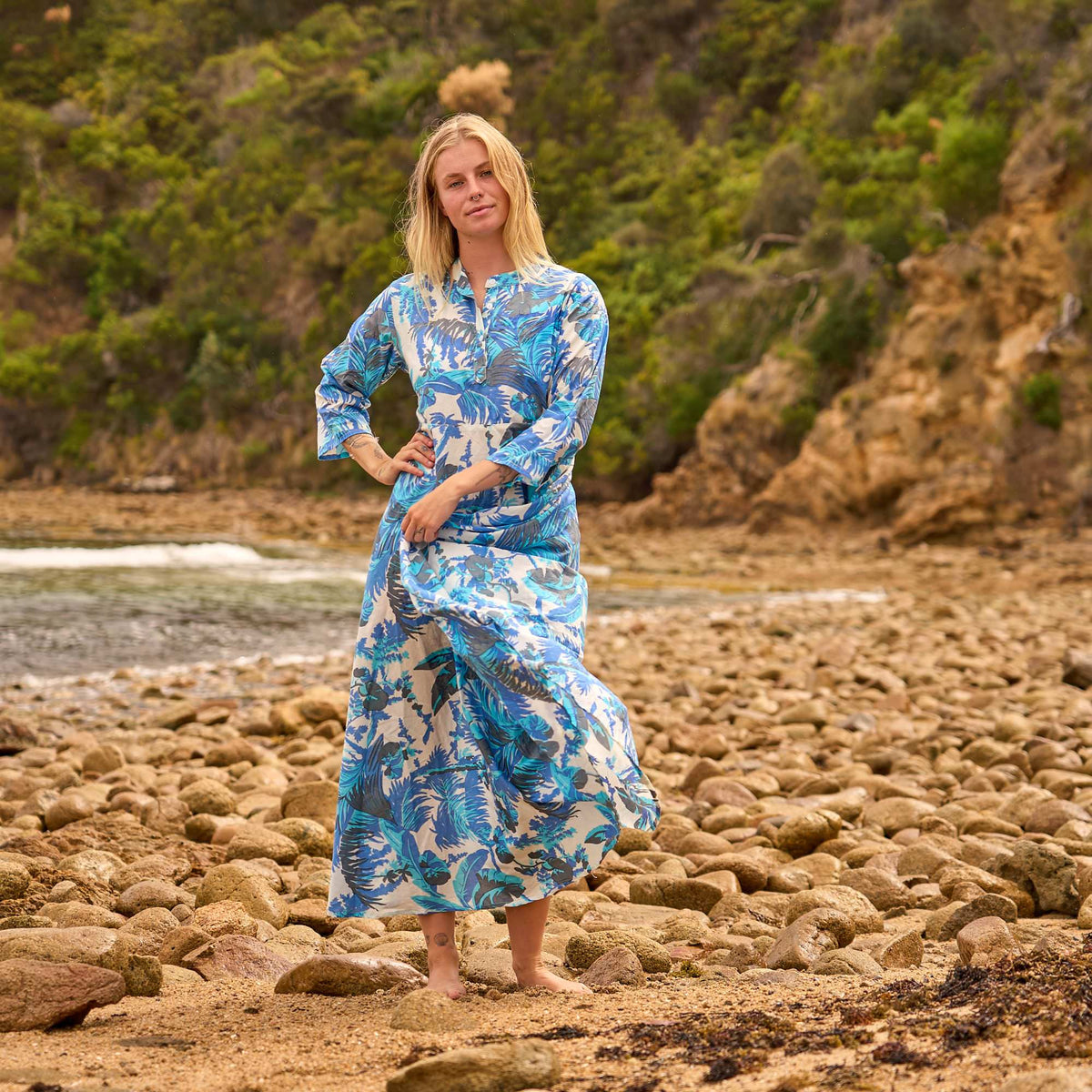 Urvi Azure Palm Cotton Maxi Dress – side view