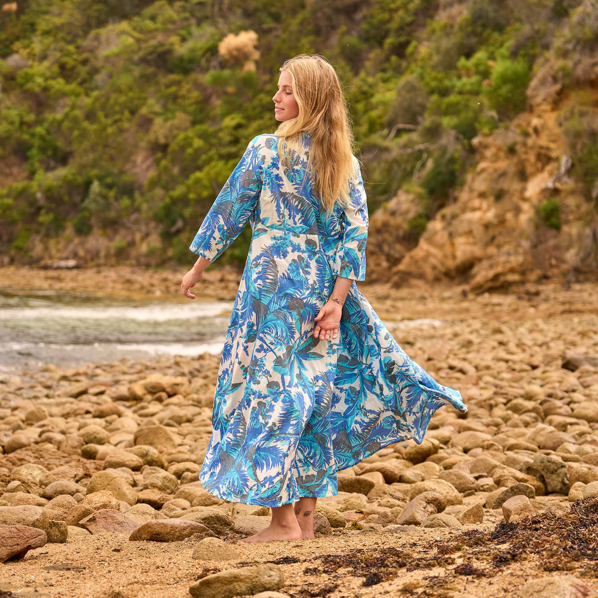 Urvi Azure Palm Cotton Maxi Dress – back view