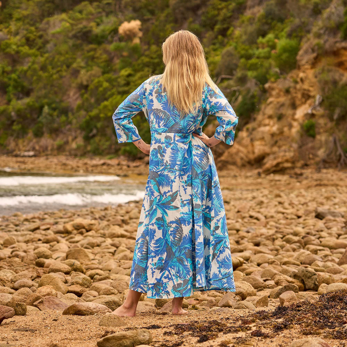 Urvi Azure Palm Cotton Maxi Dress – front view