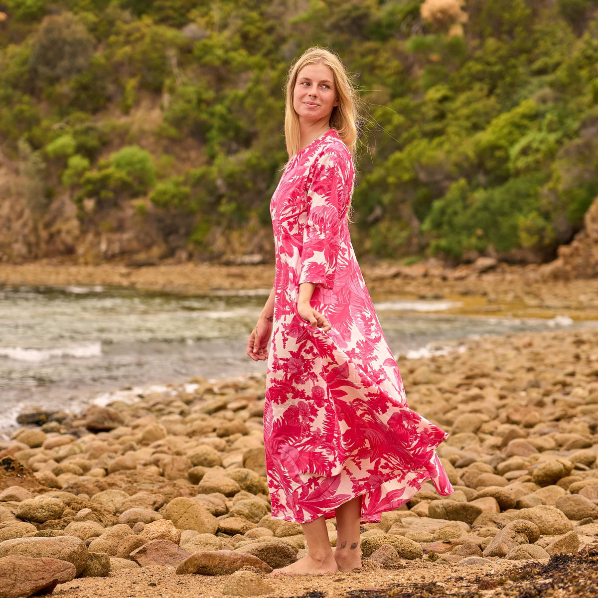 Vani Coral Tropical Cotton Maxi Dress – front view