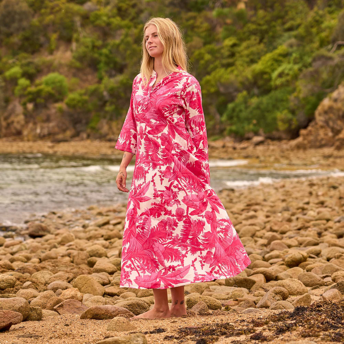 Vani Coral Tropical Cotton Maxi Dress – side view