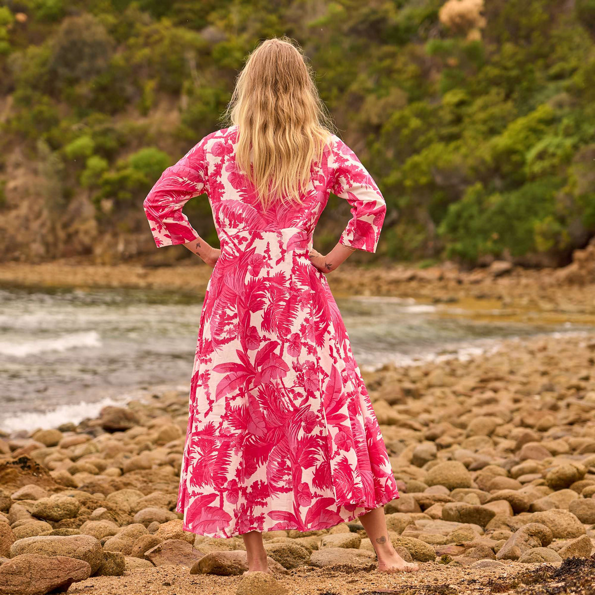 Vani Coral Tropical Cotton Maxi Dress – back view