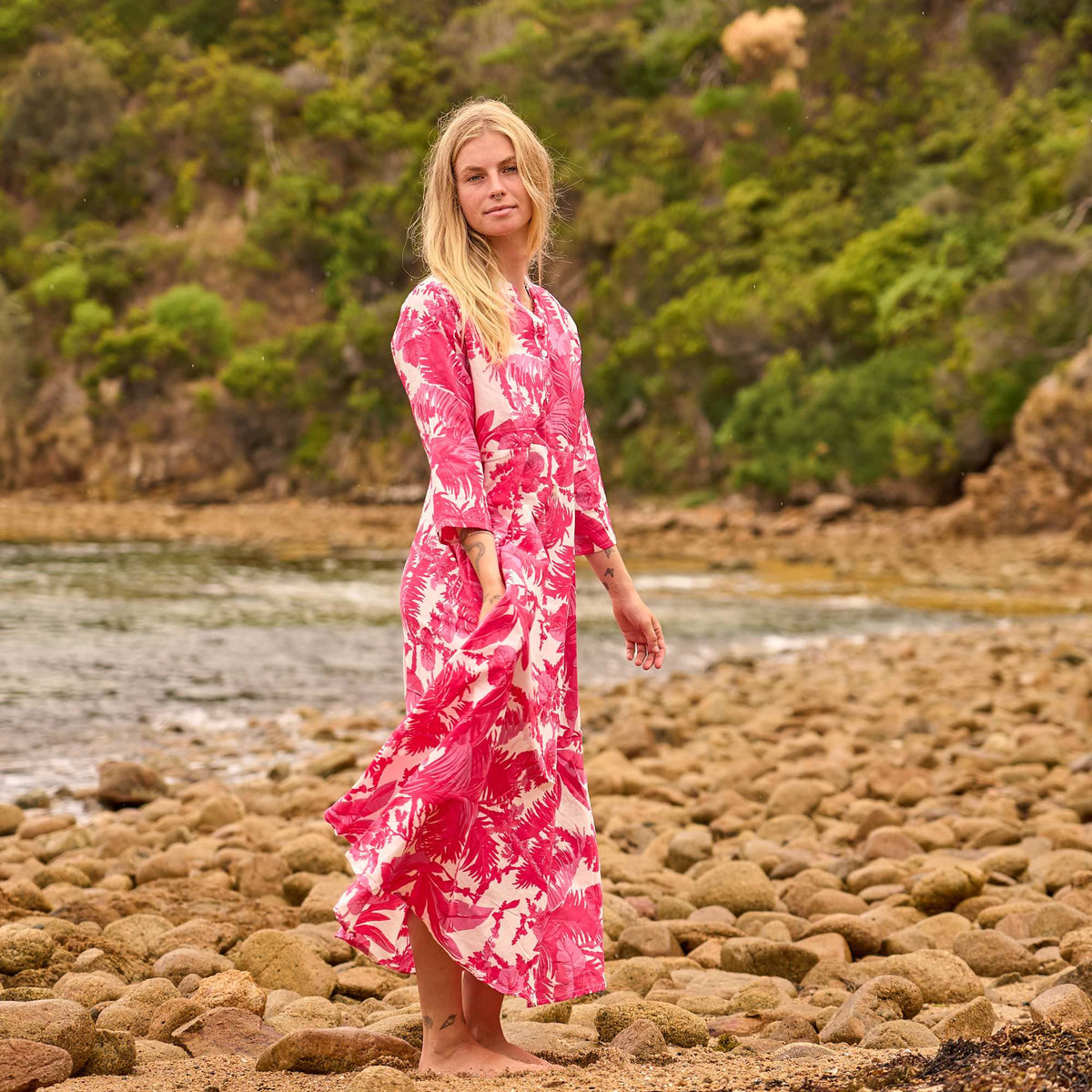 Vani Coral Tropical Cotton Maxi Dress – print detail