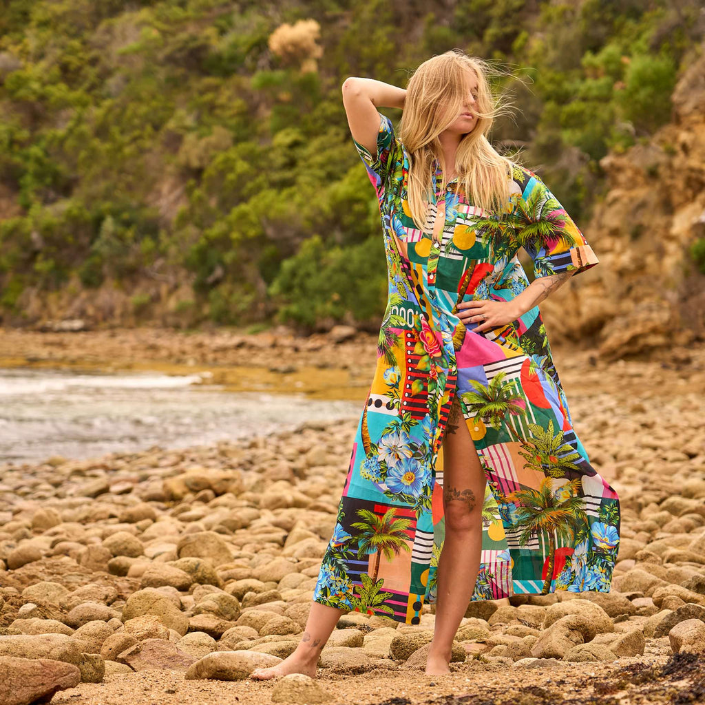 Pari Tropical Paradise Cotton Maxi Shirt Dress – front view
