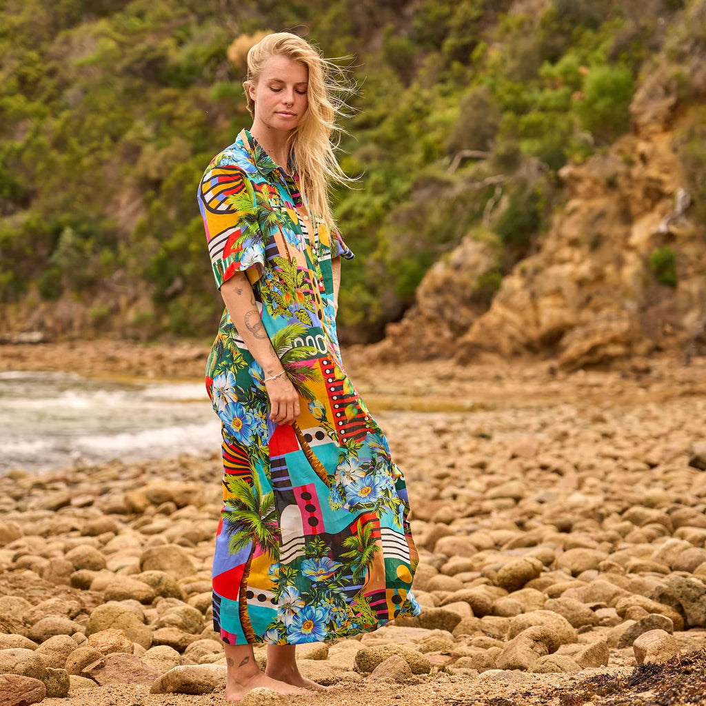 Pari Tropical Paradise Cotton Maxi Shirt Dress – print detail