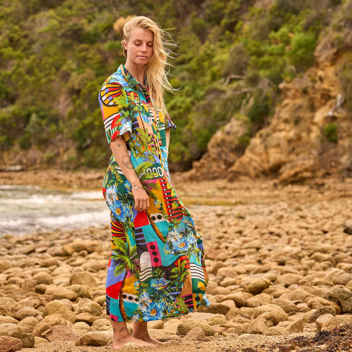 Pari Tropical Paradise Cotton Maxi Shirt Dress – print detail