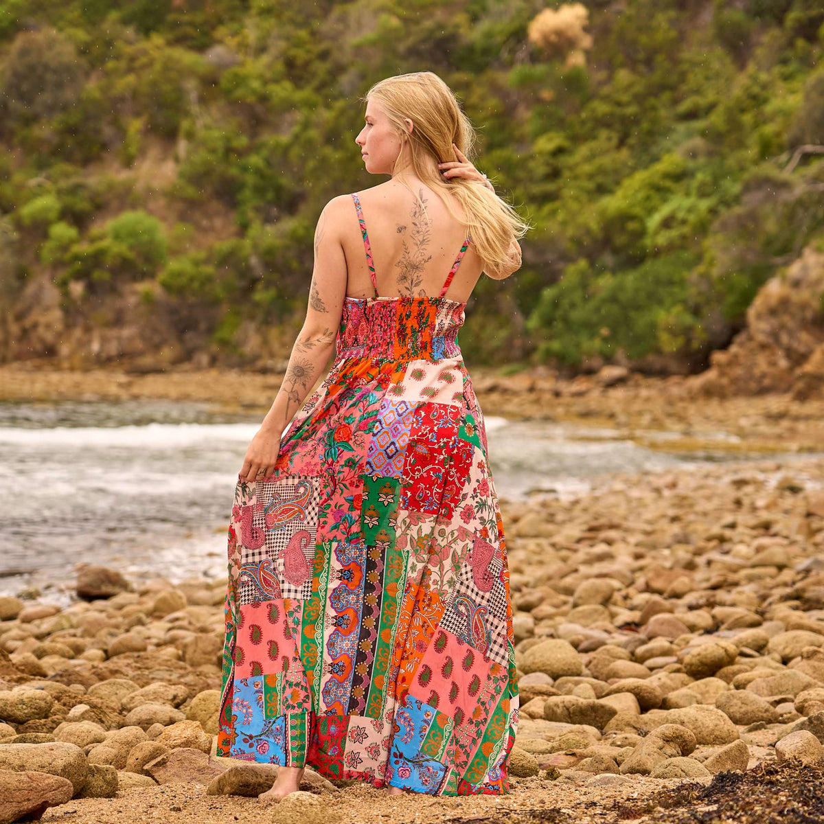 Ojasvi Boho Patchwork Cotton Maxi Dress – back view