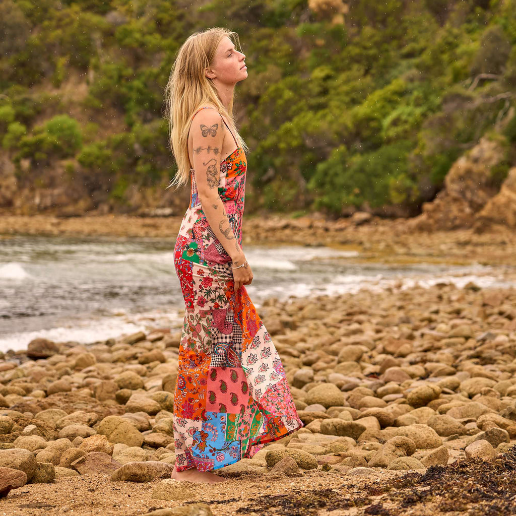 Ojasvi Boho Patchwork Cotton Maxi Dress – print detail