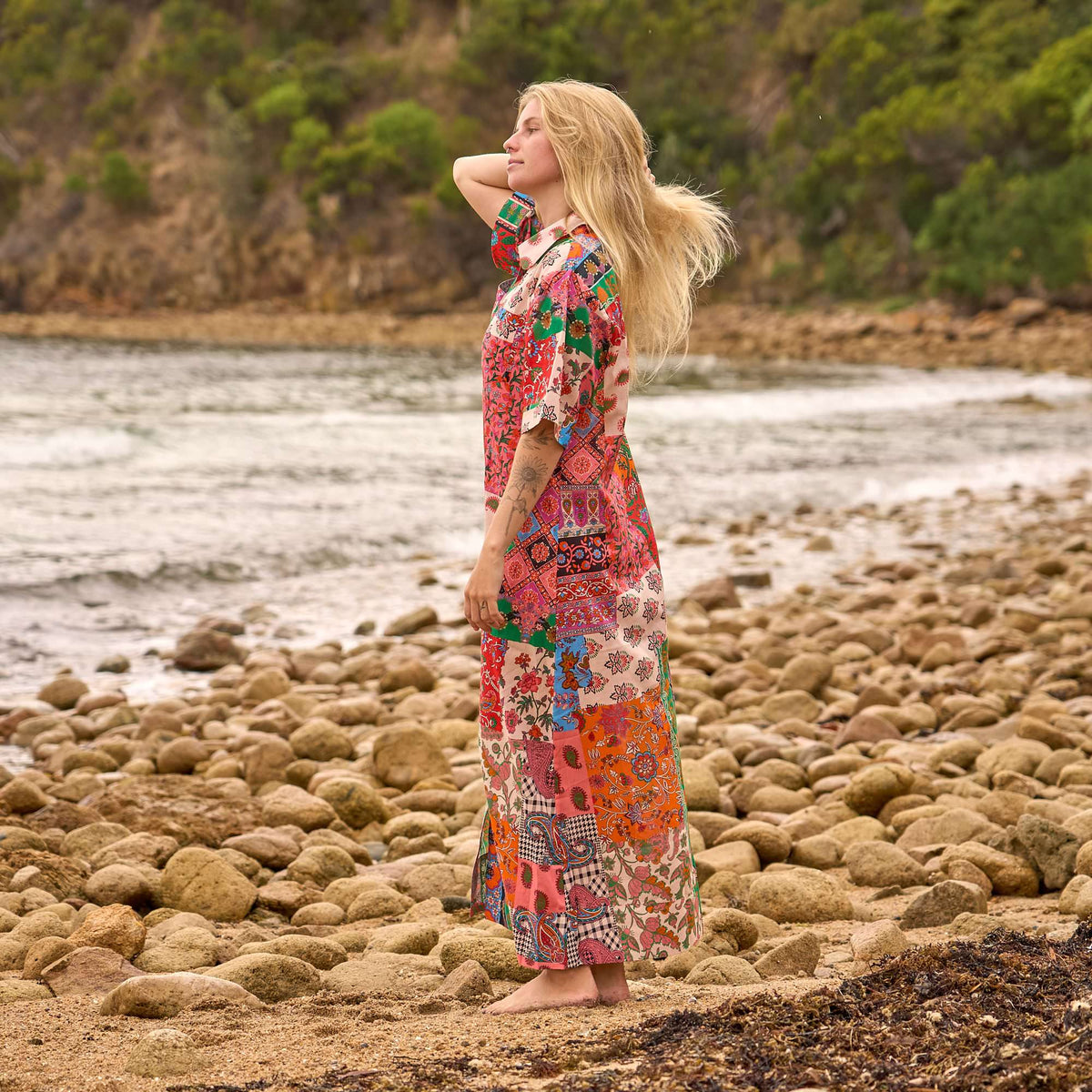 Tanya Artisan Patchwork Cotton Maxi Shirt Dress – side view