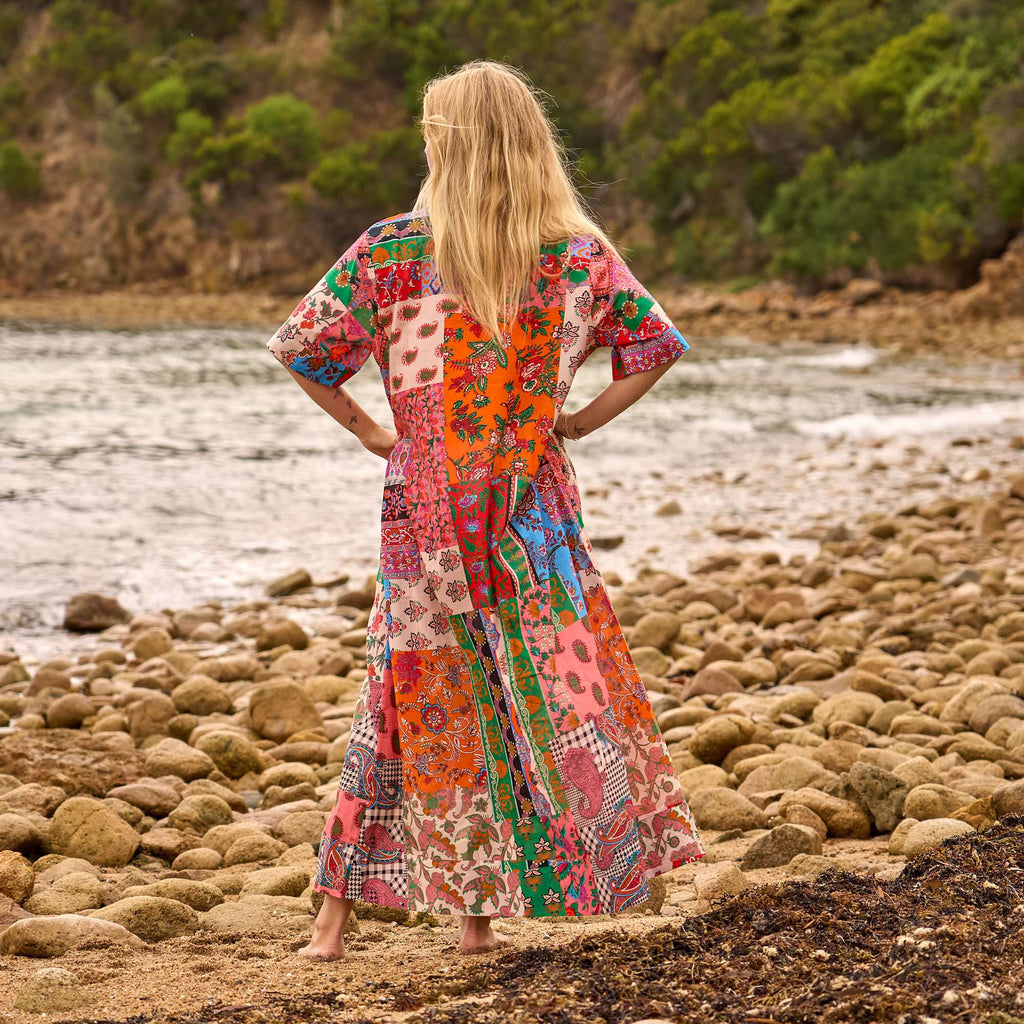 Tanya Artisan Patchwork Cotton Maxi Shirt Dress – back view