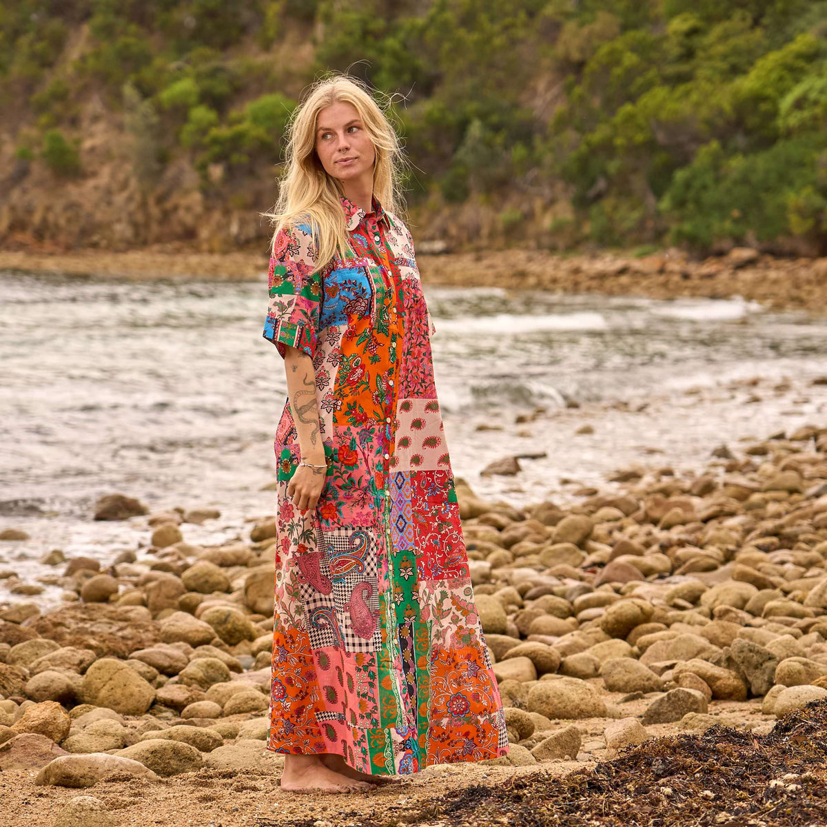 Tanya Artisan Patchwork Cotton Maxi Shirt Dress – print detail