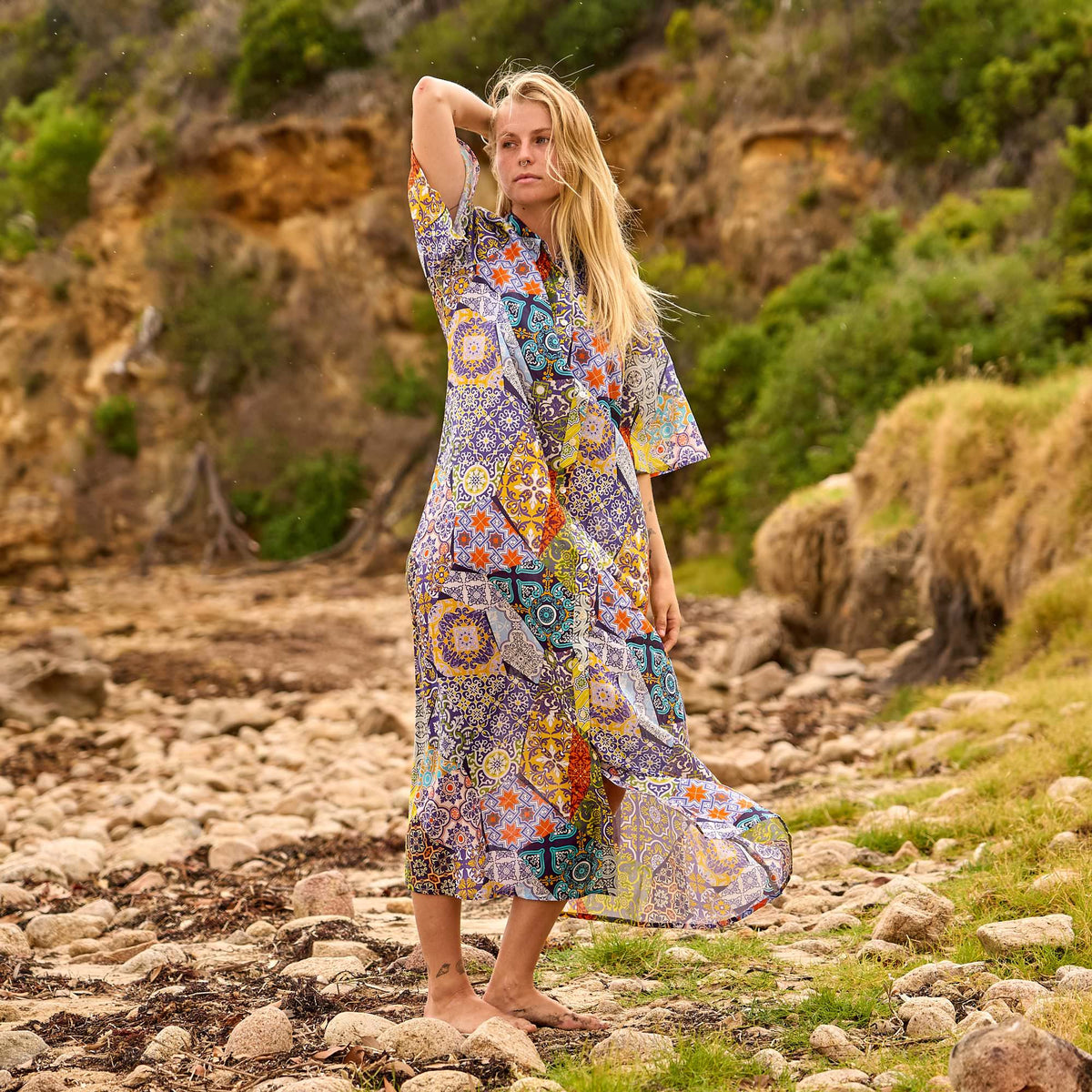 Shalini Tile Patchwork Cotton Maxi Dress – print detail