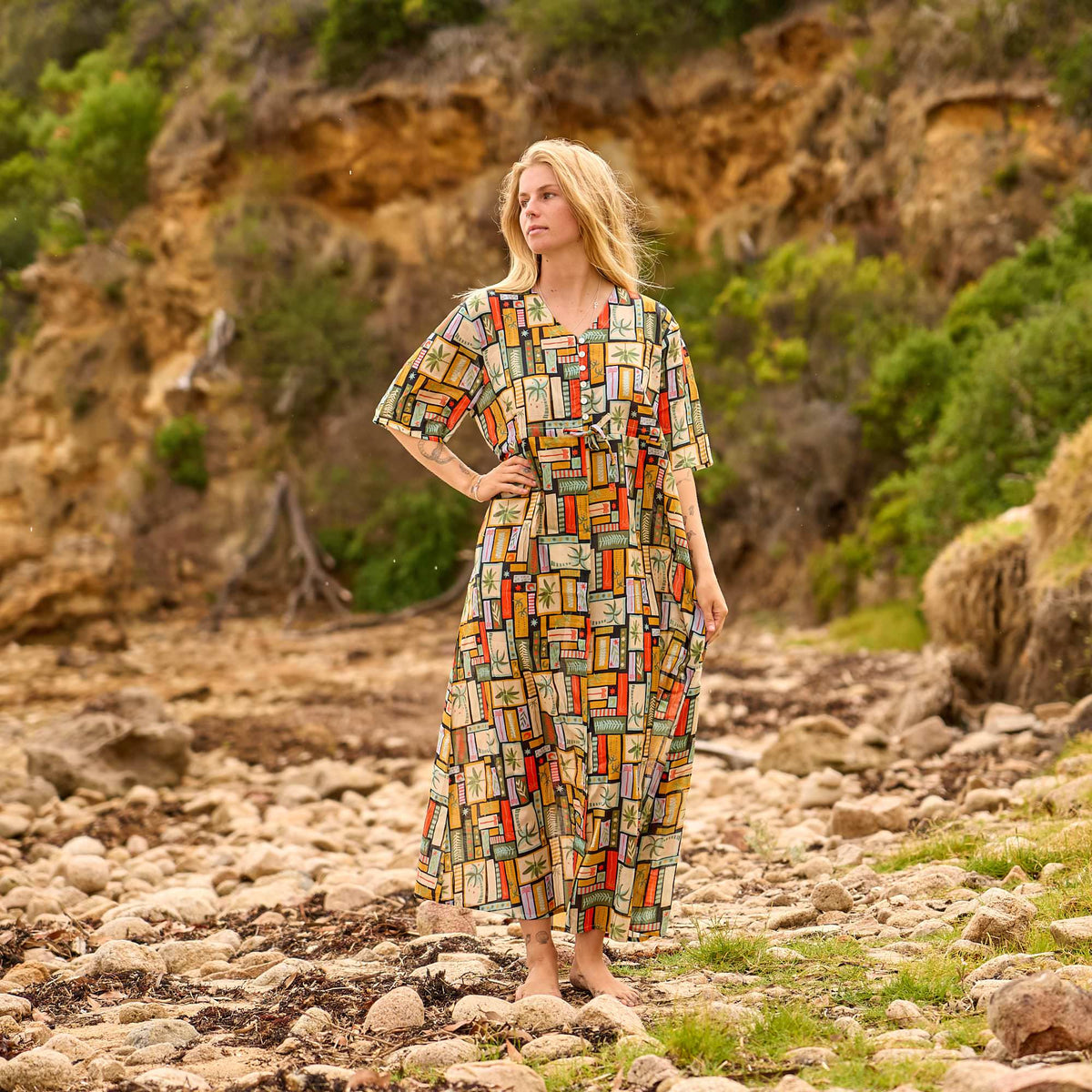 Rhea Boho Print Cotton Maxi Dress – front view