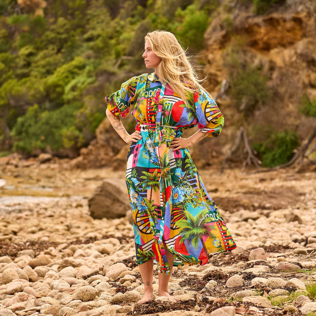 Vaani Bold Tropical Cotton Maxi Shirt Dress – front view