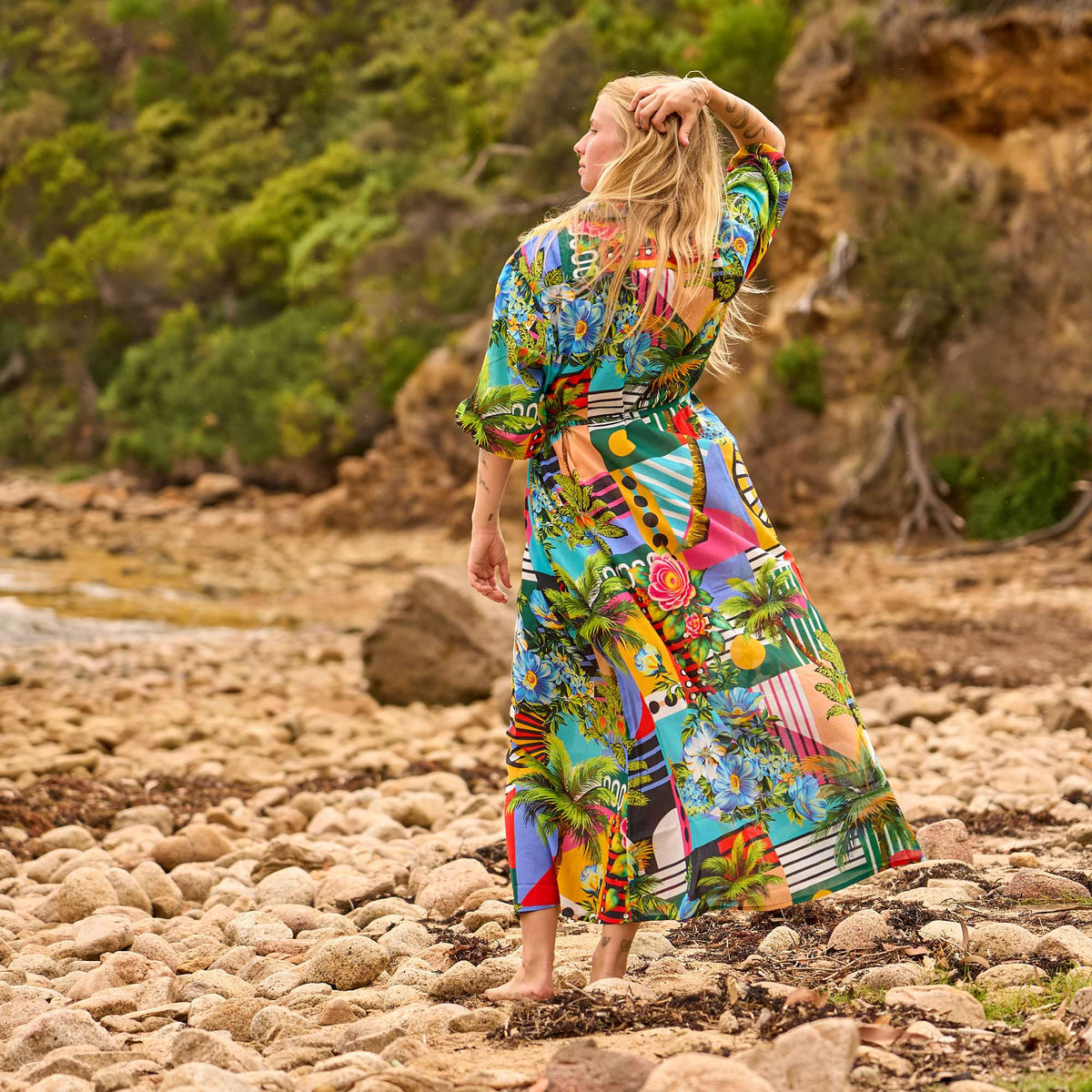 Vaani Bold Tropical Cotton Maxi Shirt Dress – back view