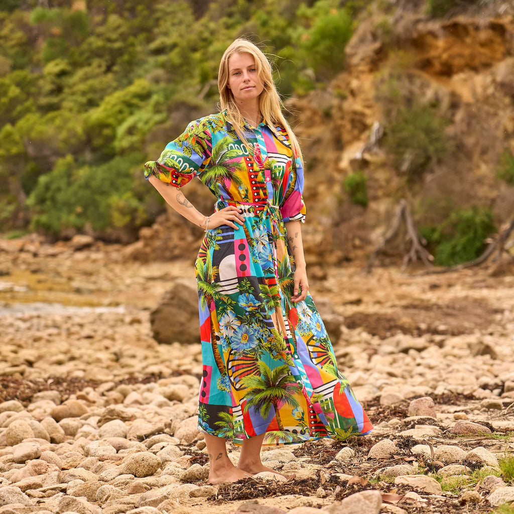 Vaani Bold Tropical Cotton Maxi Shirt Dress – print detail