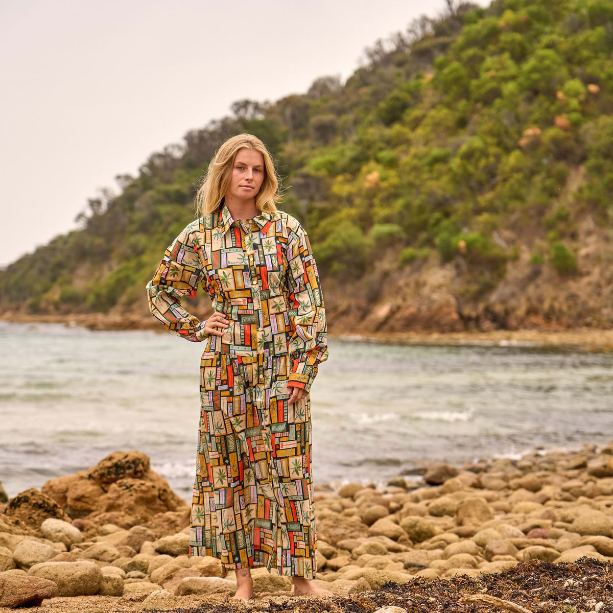 Yamini Boho Geometric Cotton Maxi Shirt Dress – front view