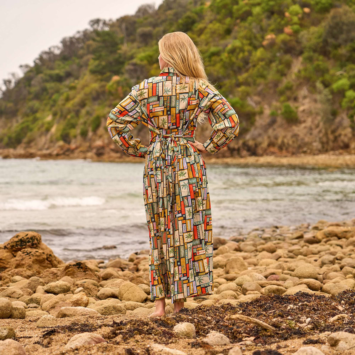 Yamini Boho Geometric Cotton Maxi Shirt Dress – back view