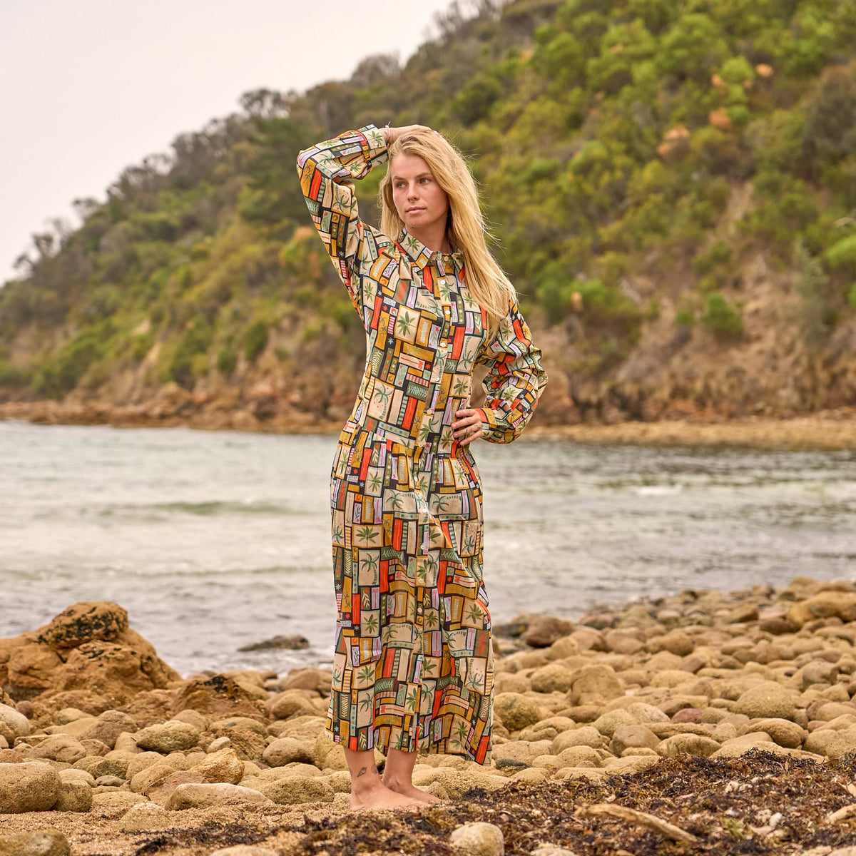 Yamini Boho Geometric Cotton Maxi Shirt Dress – print detail