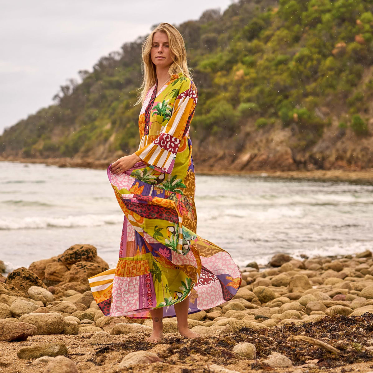 Ahana Colour Block Cotton Maxi Dress – side view