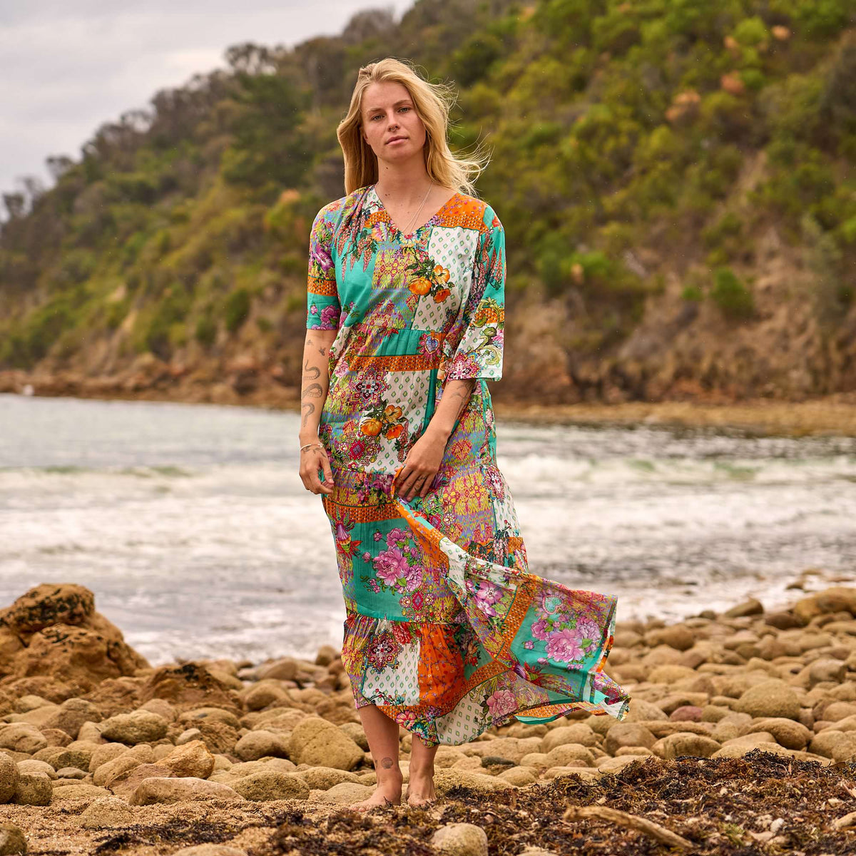 Mitali Beach Patchwork Cotton Maxi Dress – front view