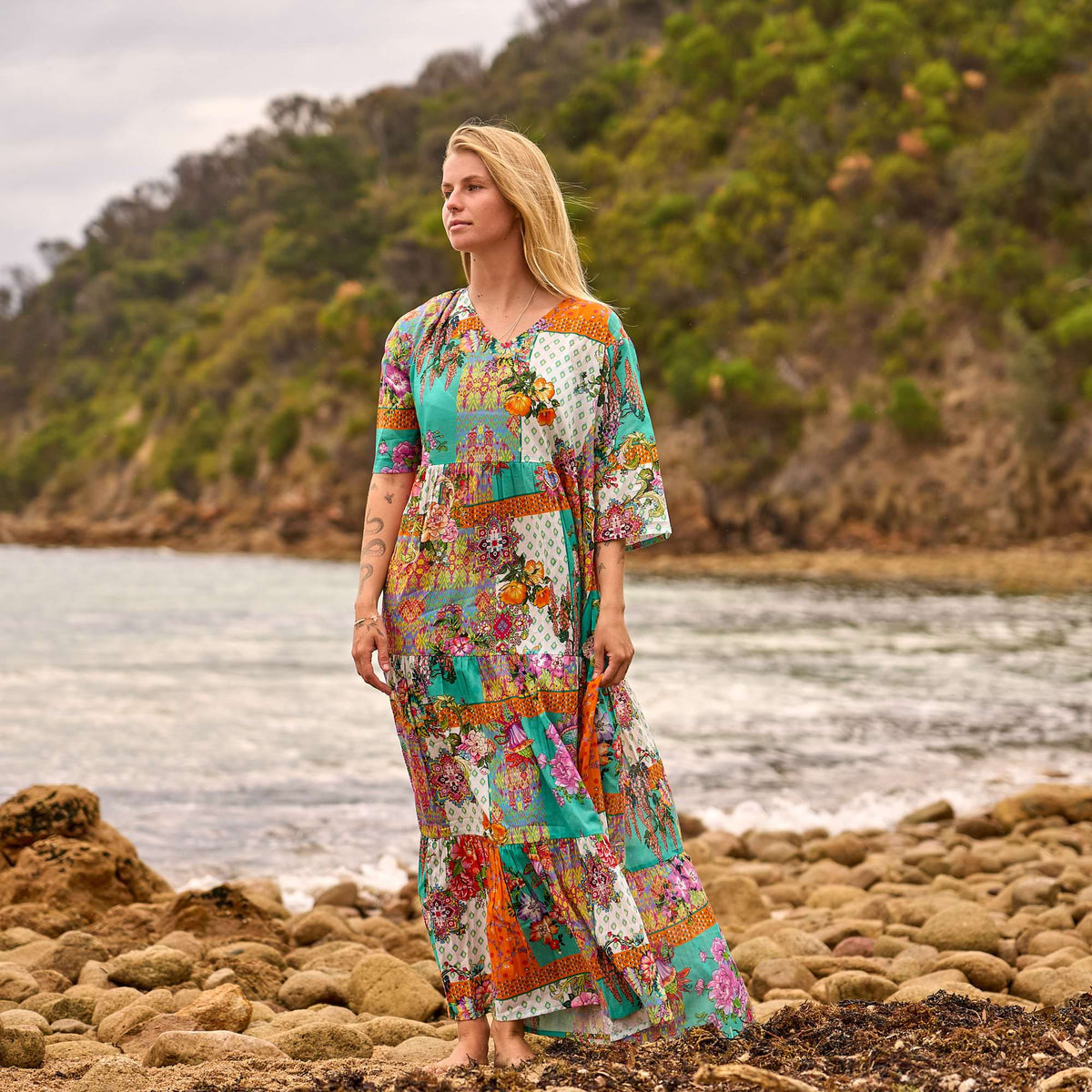 Mitali Beach Patchwork Cotton Maxi Dress – side view