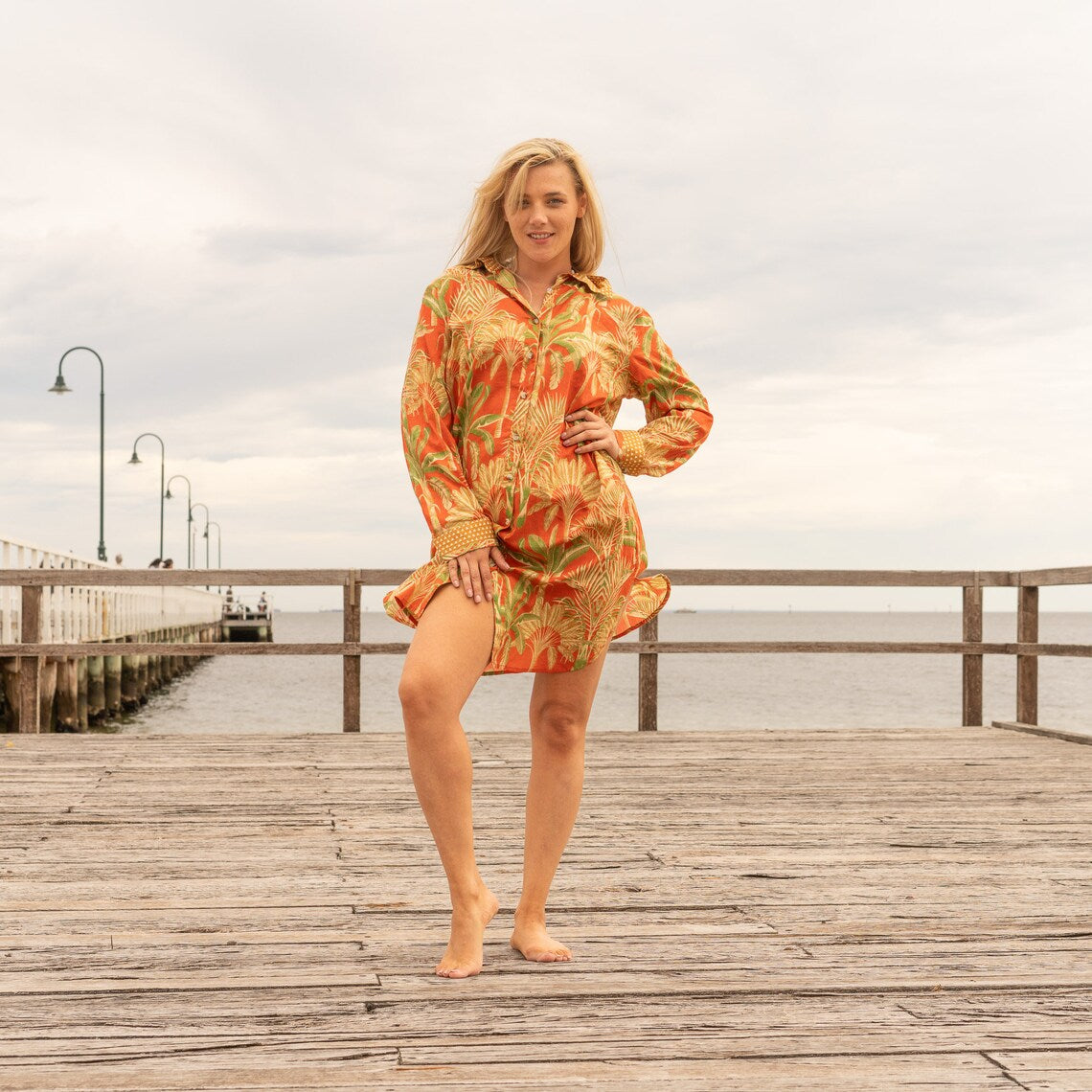 Santra Orange Cotton Maxi Shirt Dress – front view