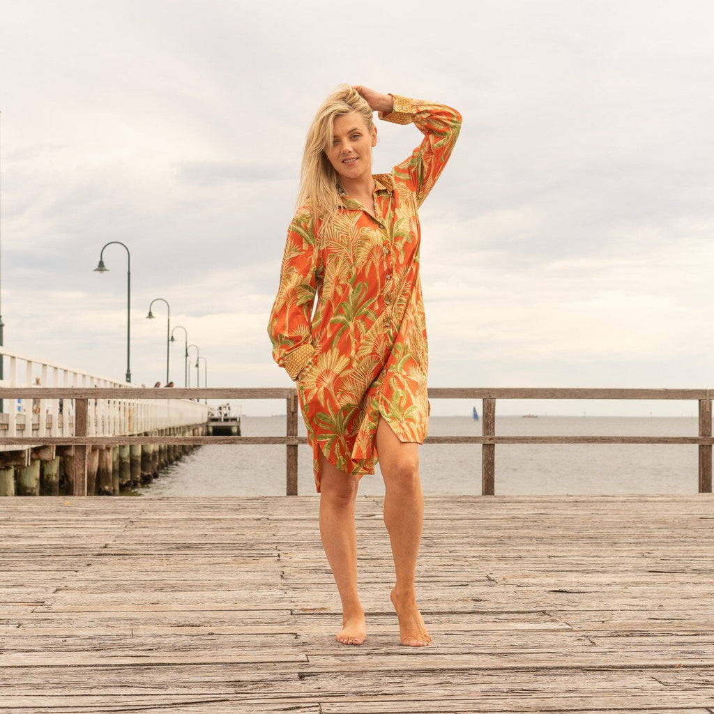 Santra Orange Cotton Maxi Shirt Dress – print detail