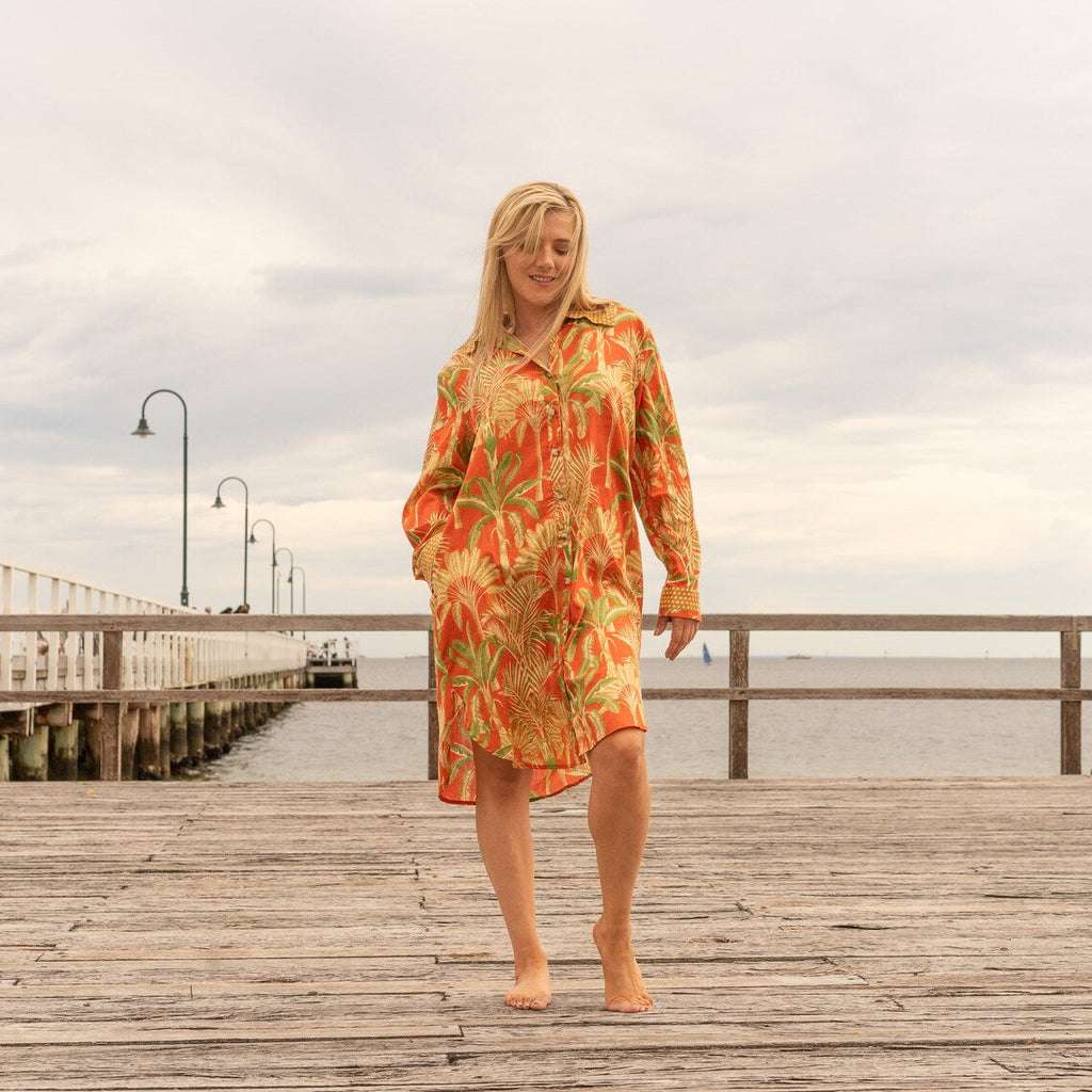Santra Orange Cotton Maxi Shirt Dress – side view