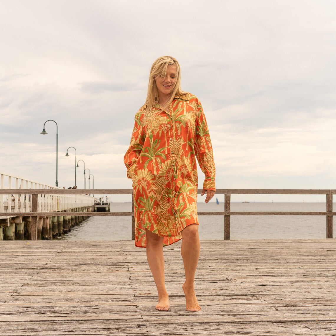 Santra Orange Cotton Maxi Shirt Dress – side view