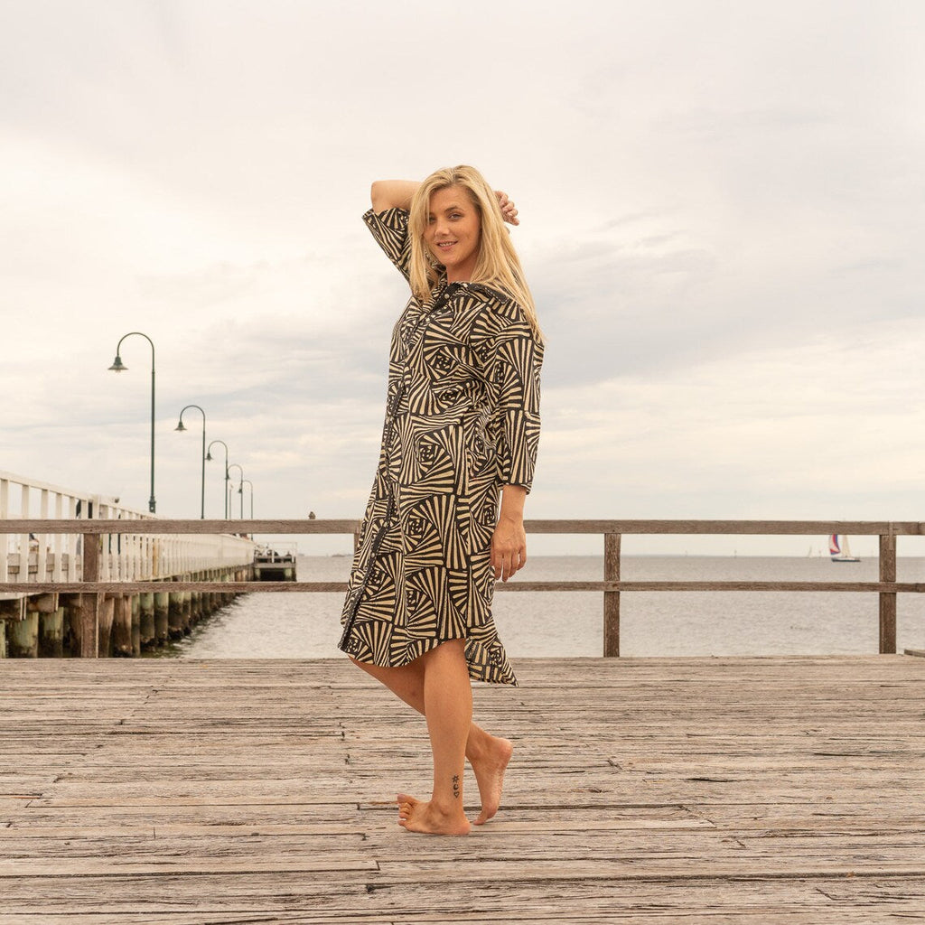 Kiran Black Geometric Cotton Maxi Shirt Dress – front view