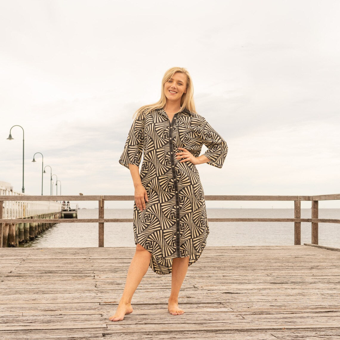 Kiran Black Geometric Cotton Maxi Shirt Dress – back view
