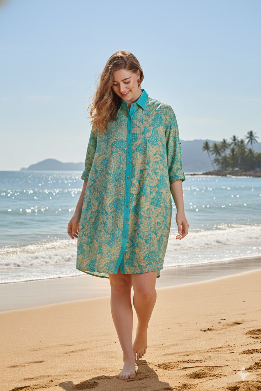 Kriti Aqua Bloom Cotton Maxi Shirt Dress – front view
