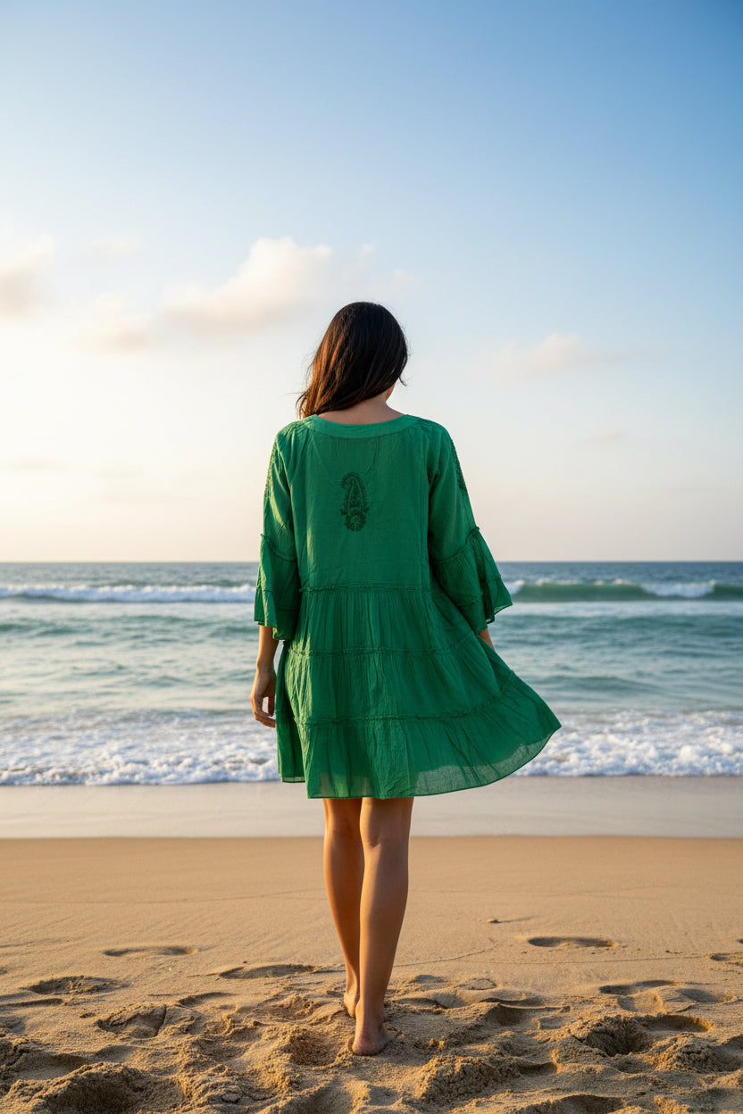 Ira Emerald Tropical Cotton Mini Dress – back view