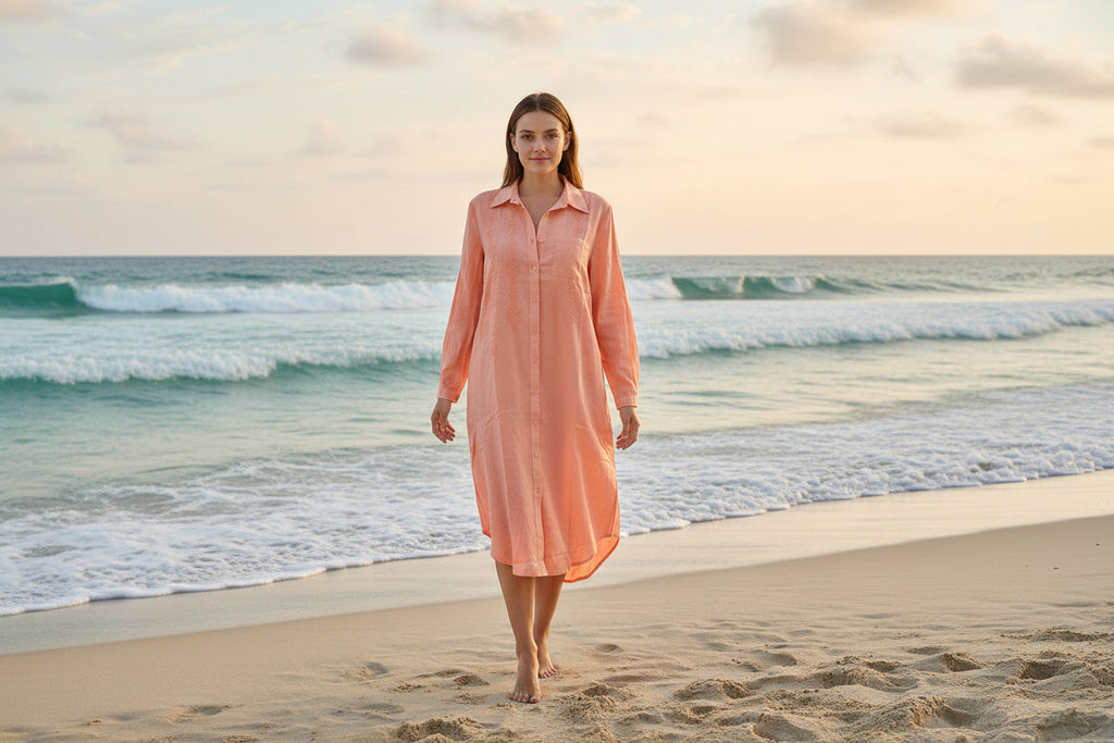 Juhi Peach Embroidered Cotton Maxi Shirt Dress – front view