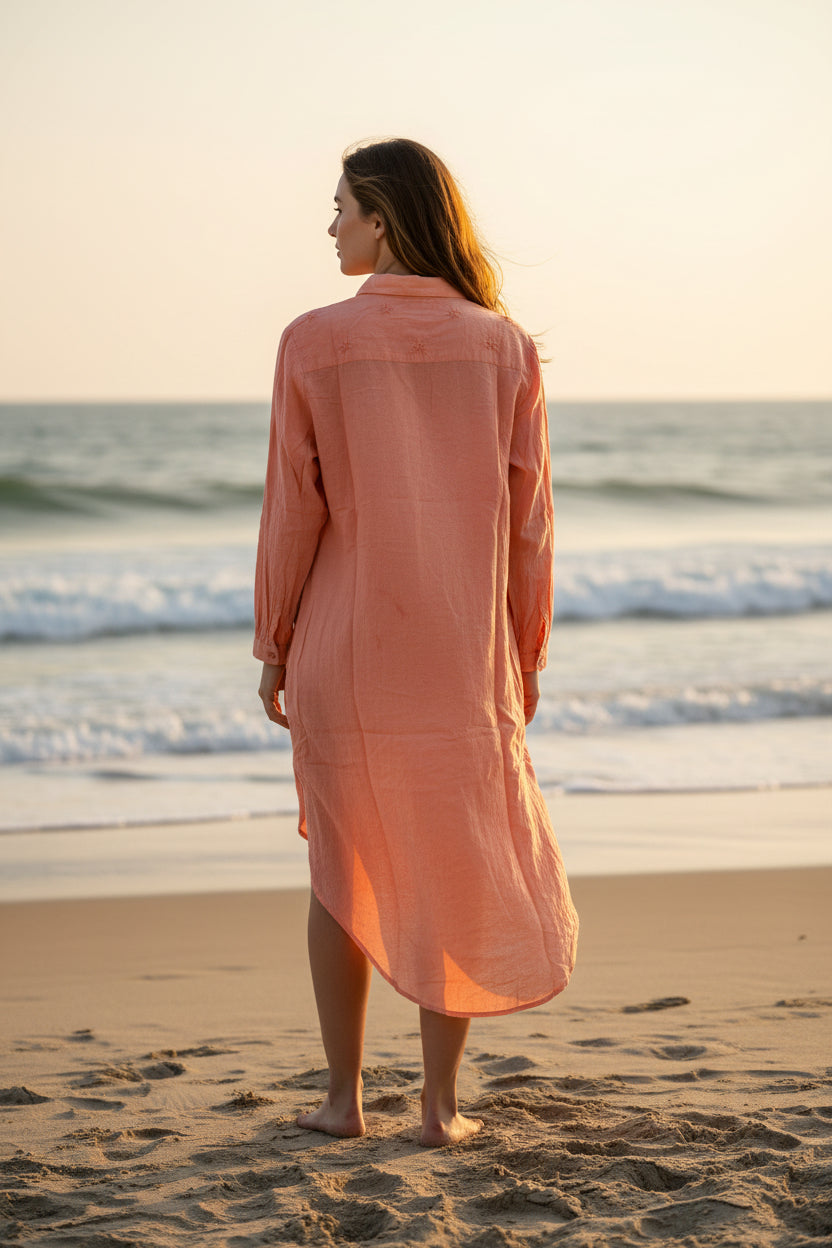 Juhi Peach Embroidered Cotton Maxi Shirt Dress – side view