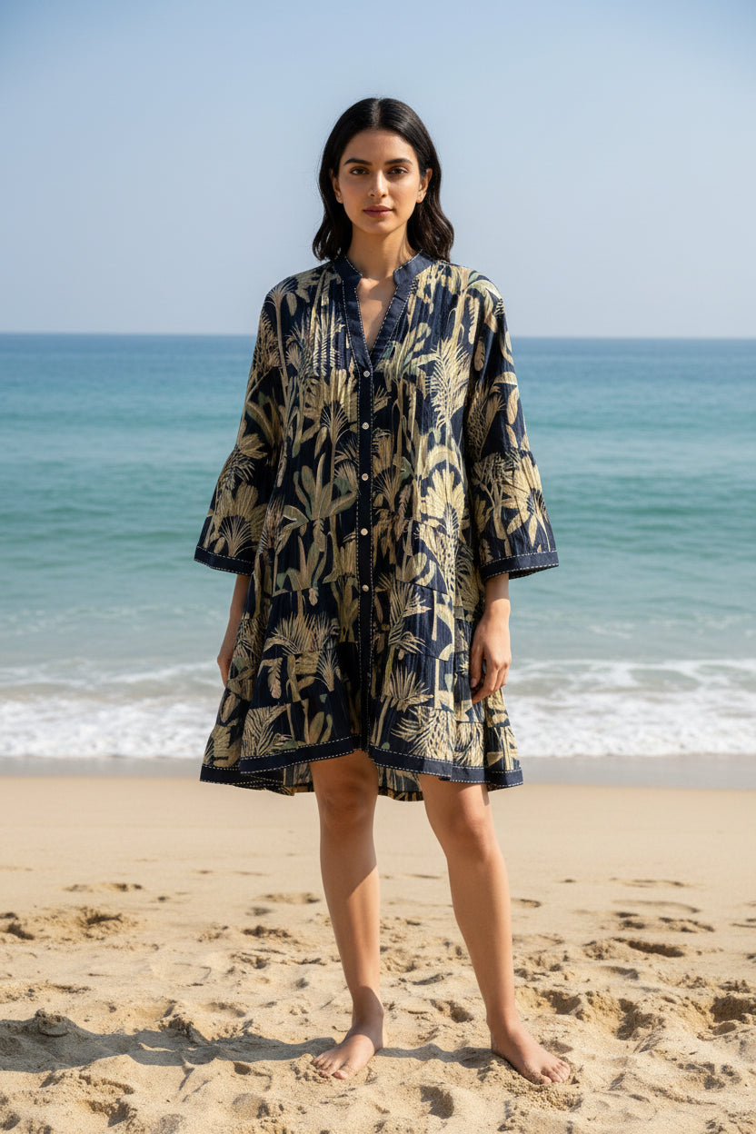 Kajal Palm Tropical Cotton Mini Shirt Dress – front view