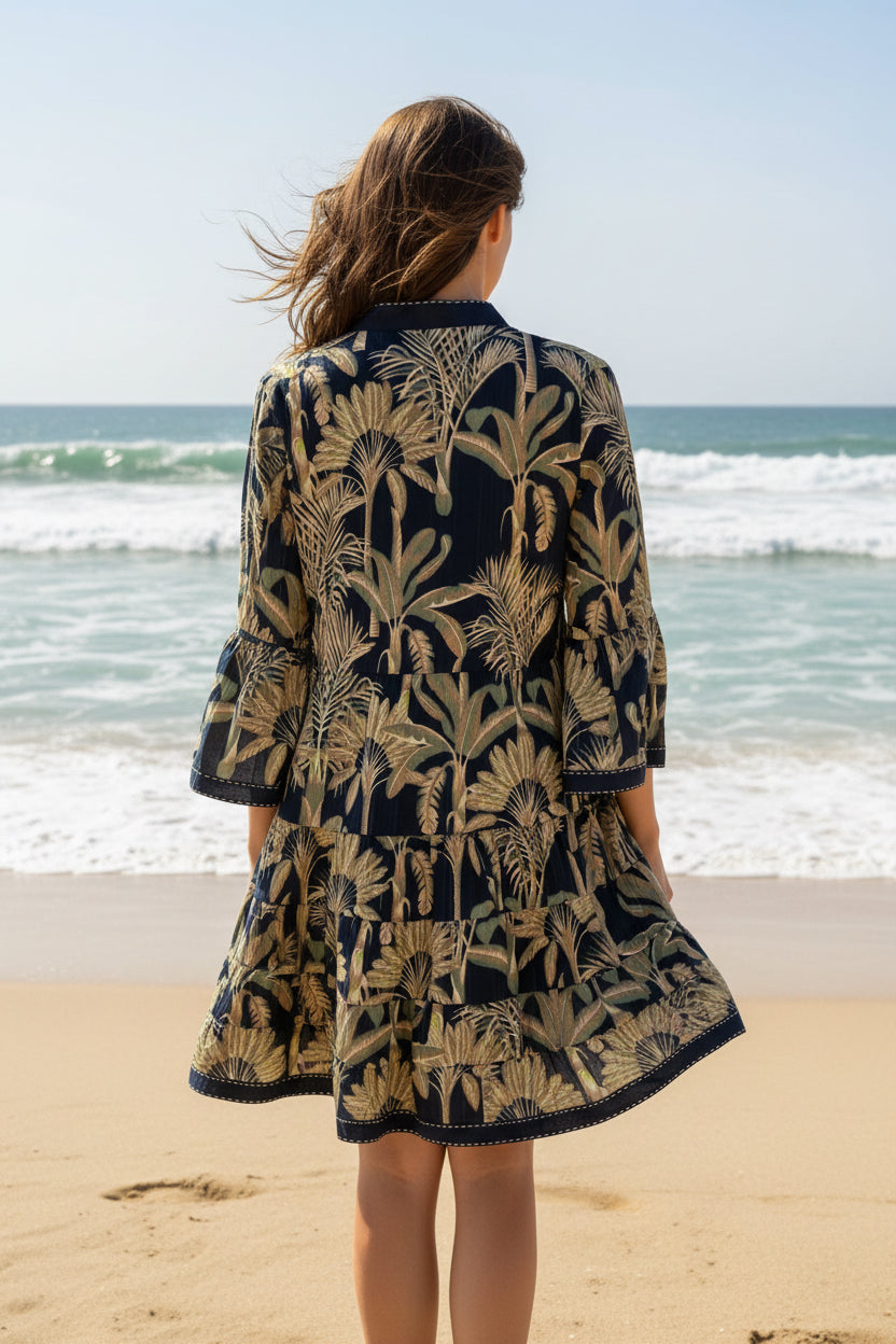 Kajal Palm Tropical Cotton Mini Shirt Dress – side view