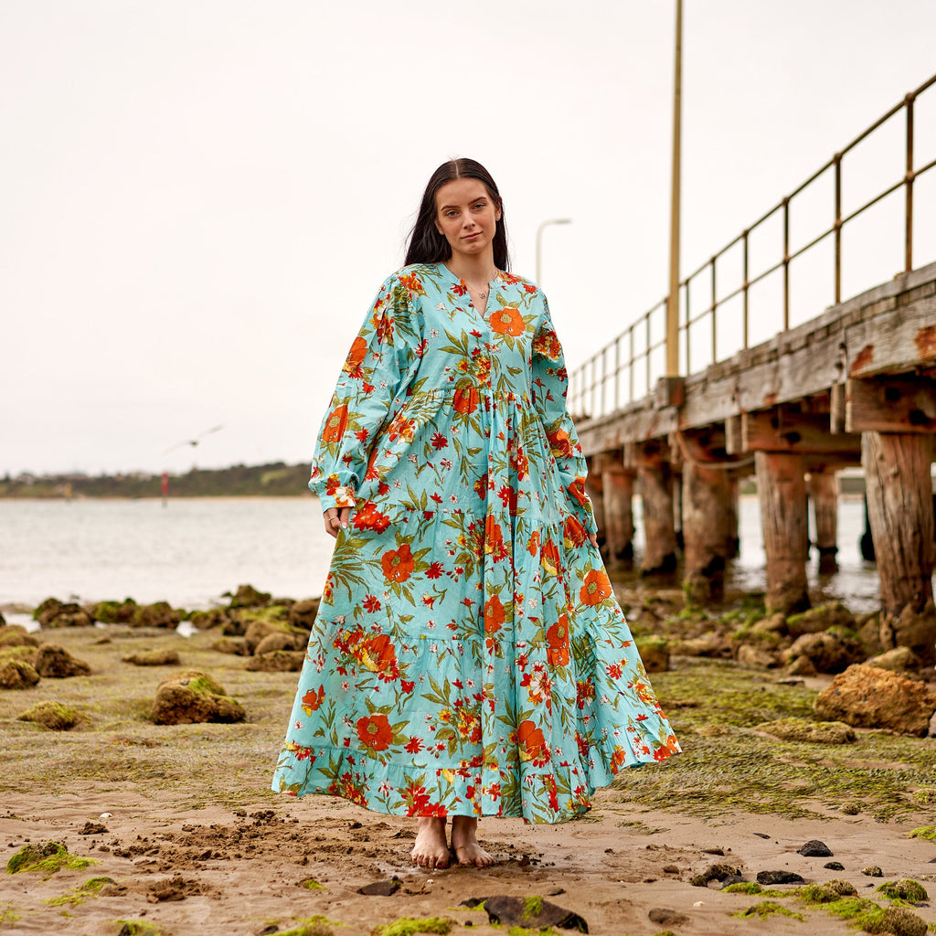 Anika Blue Floral Cotton Long Sleeve Maxi Dress – back view