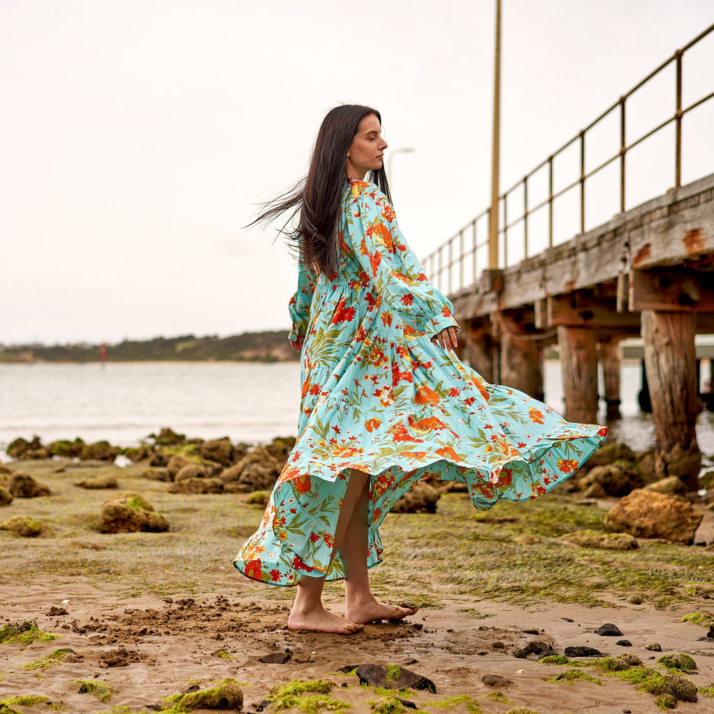 Anika Blue Floral Cotton Long Sleeve Maxi Dress – front view