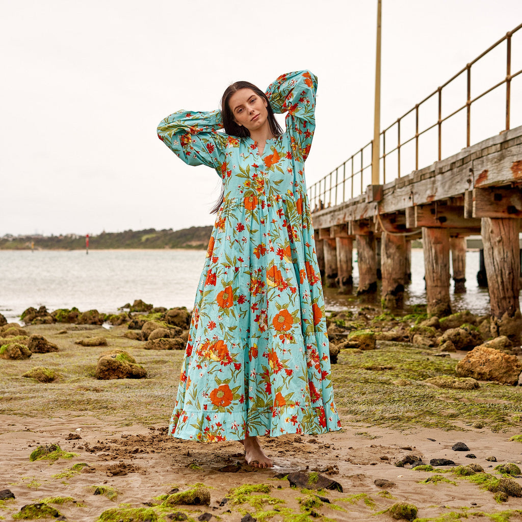 Anika Blue Floral Cotton Long Sleeve Maxi Dress – side view