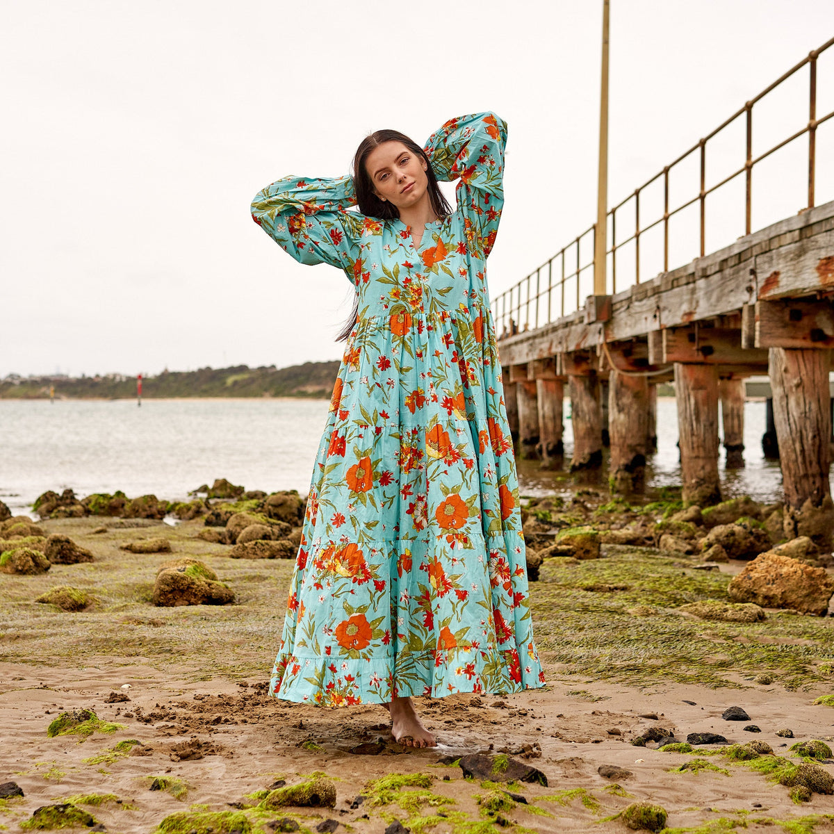 Anika Blue Floral Cotton Long Sleeve Maxi Dress – side view