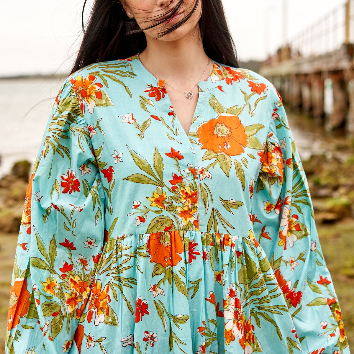 Anika Blue Floral Cotton Long Sleeve Maxi Dress – print detail