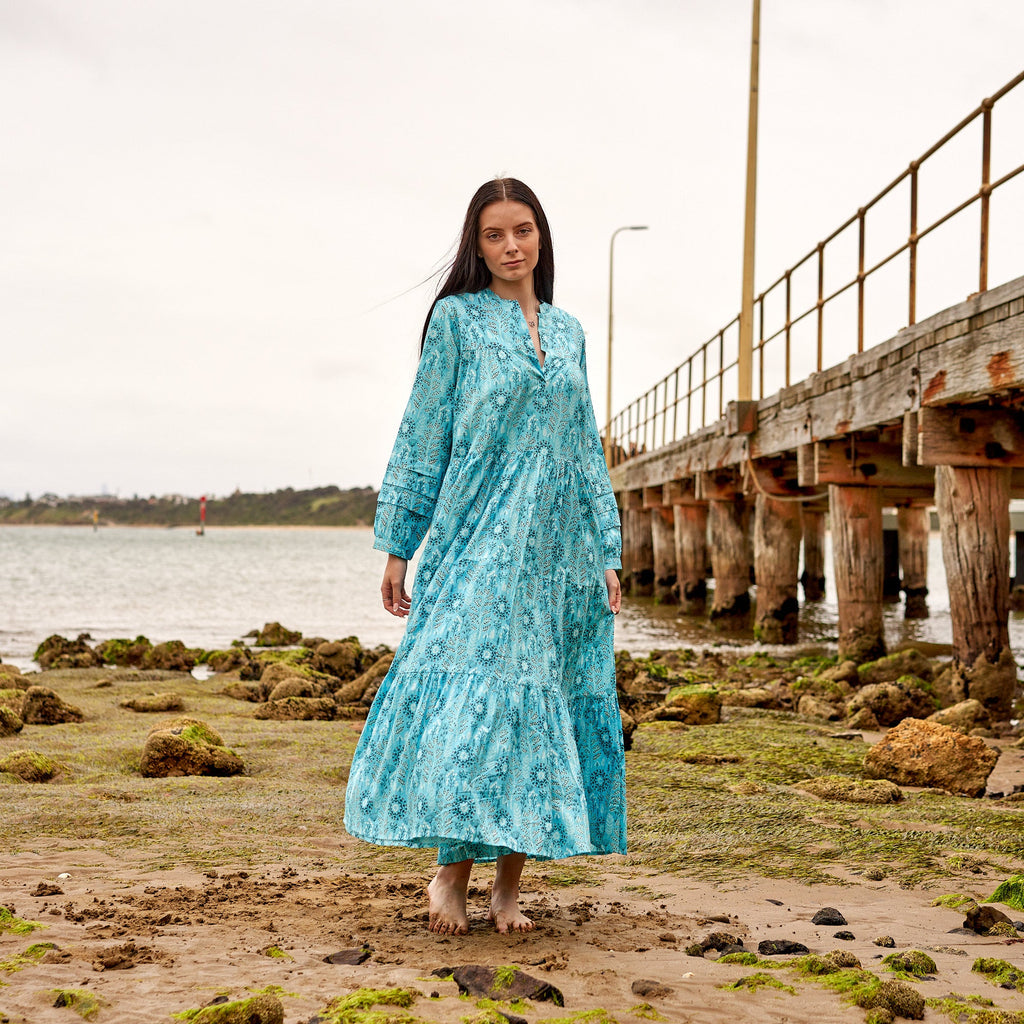 Amara Indigo Bloom Cotton Maxi Dress – side view